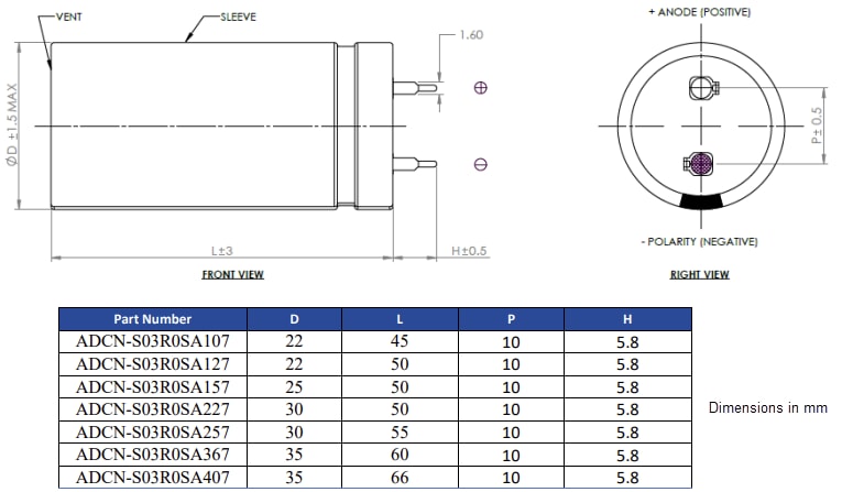 Mechanical Drawing - Abracon ADCN-S03R0S High-Voltage Snap-in Supercapacitors Mechanical Drawing - Abracon ADCN-S03R0S High-Voltage Snap-in Supercapacitors